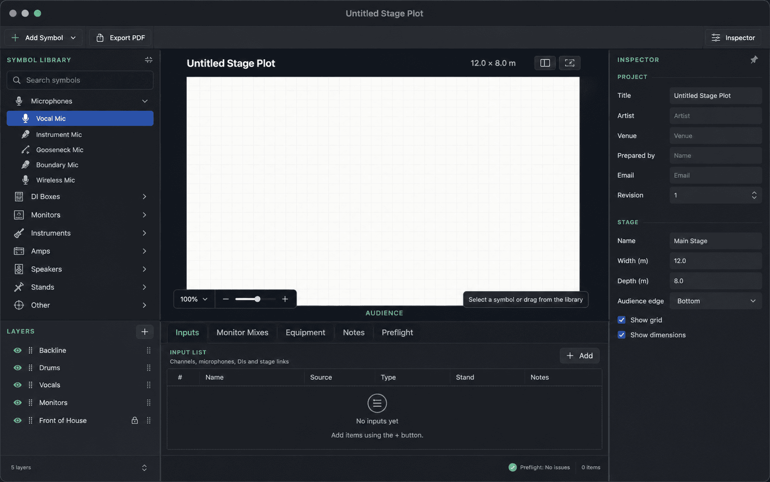 Stage Plot Forge editor showing a stage canvas, symbol library, input list, layers, and inspector