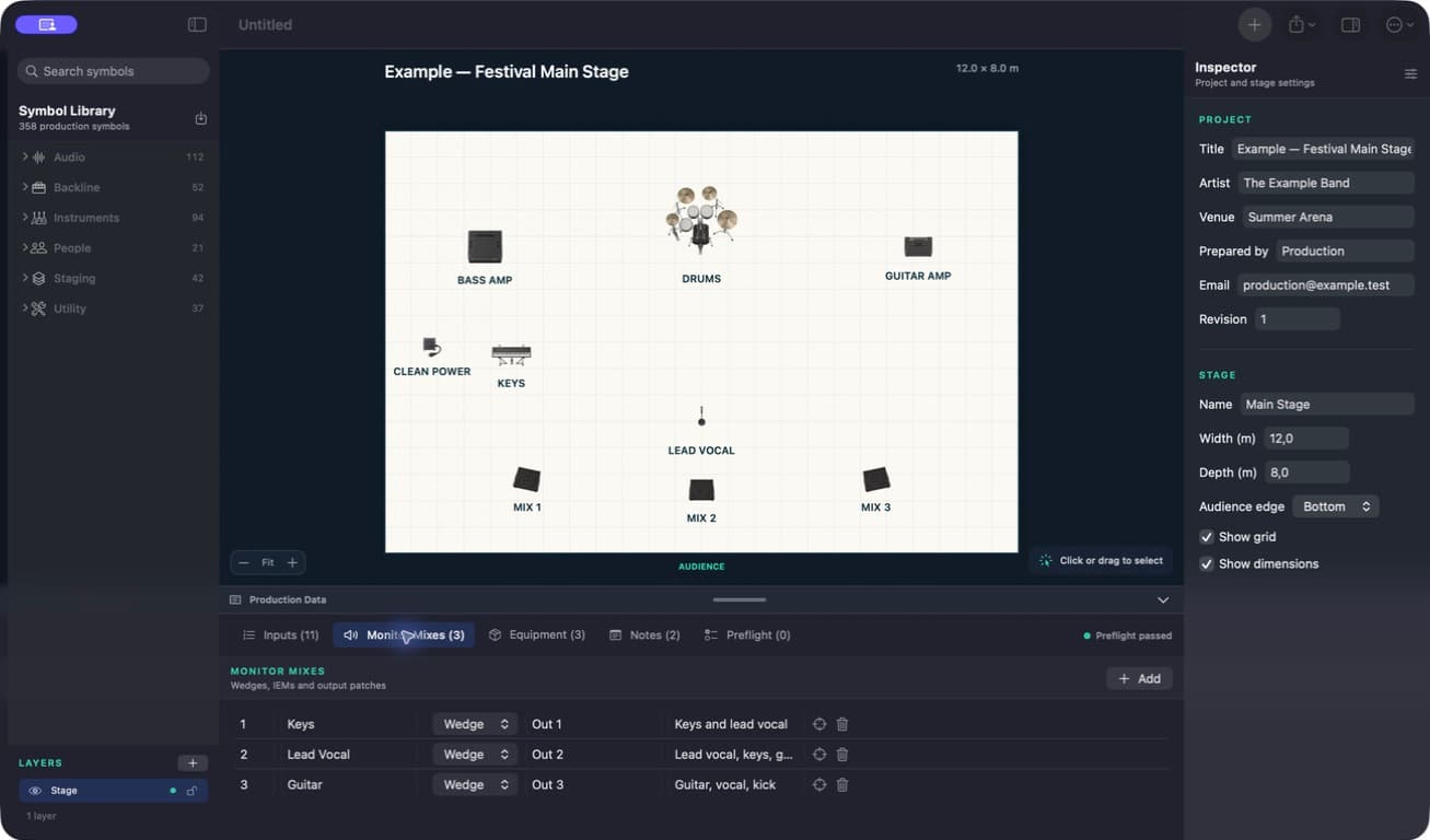 Stage Plot Forge monitor mix editor for the Festival Main Stage example project