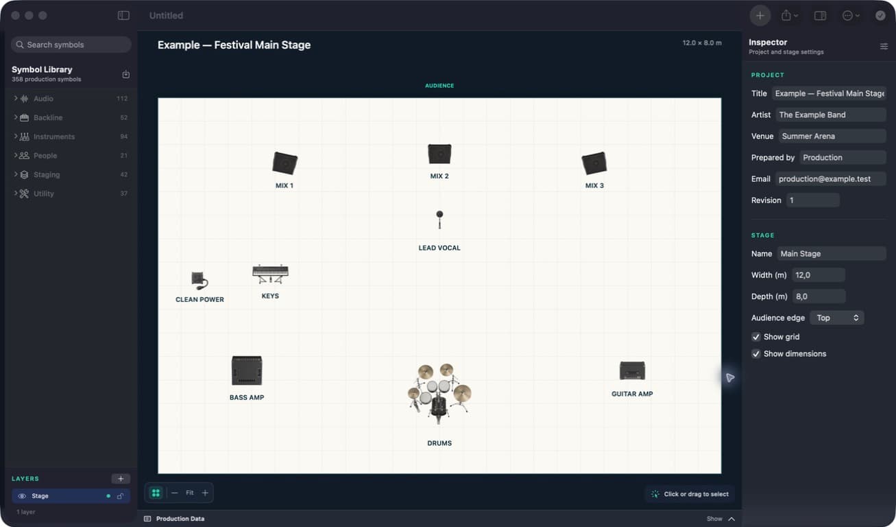 Completed Festival Main Stage layout in the current Stage Plot Forge editor