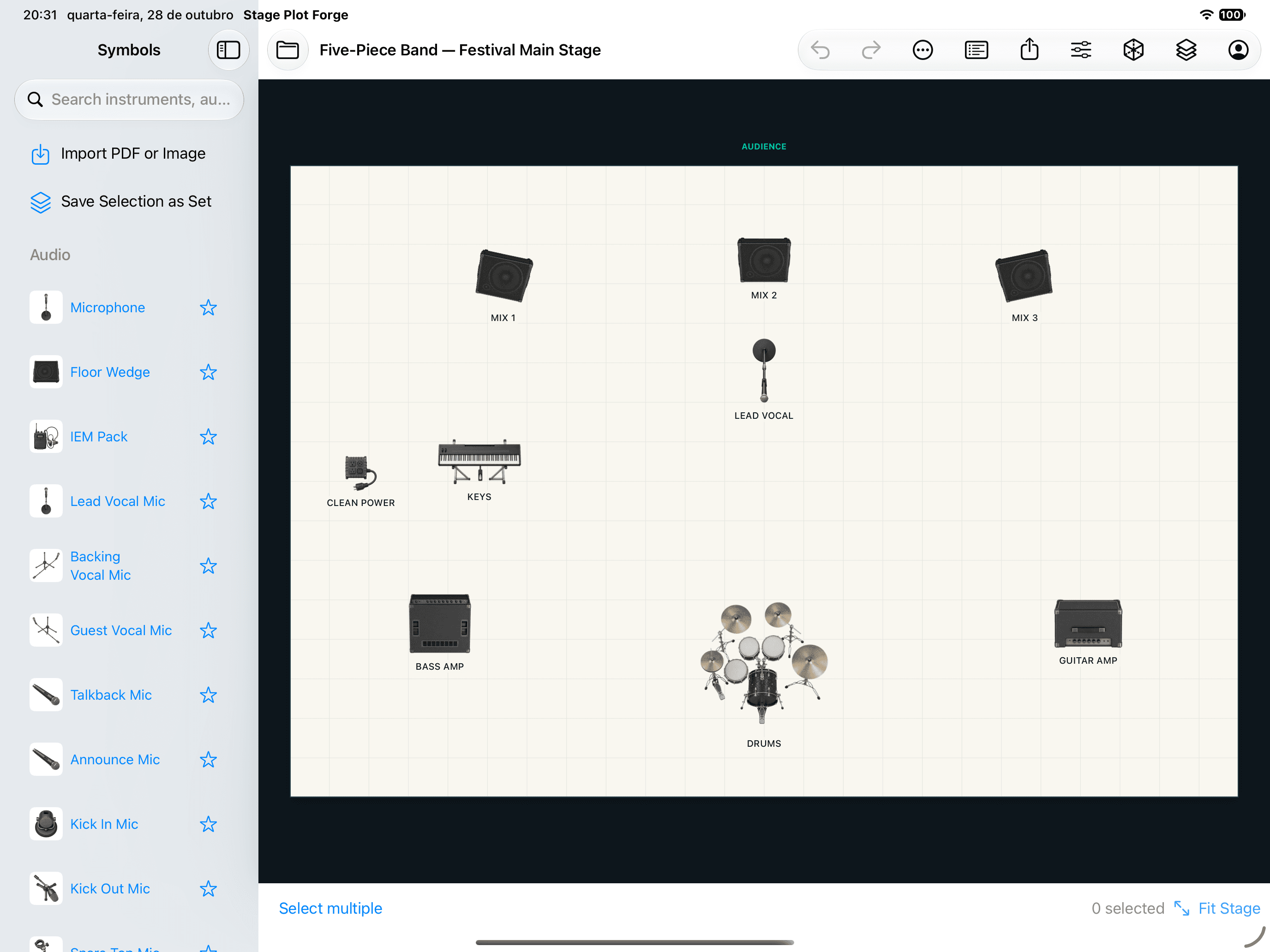 Stage Plot Forge on iPad showing a stage layout with production symbols and editing tools
