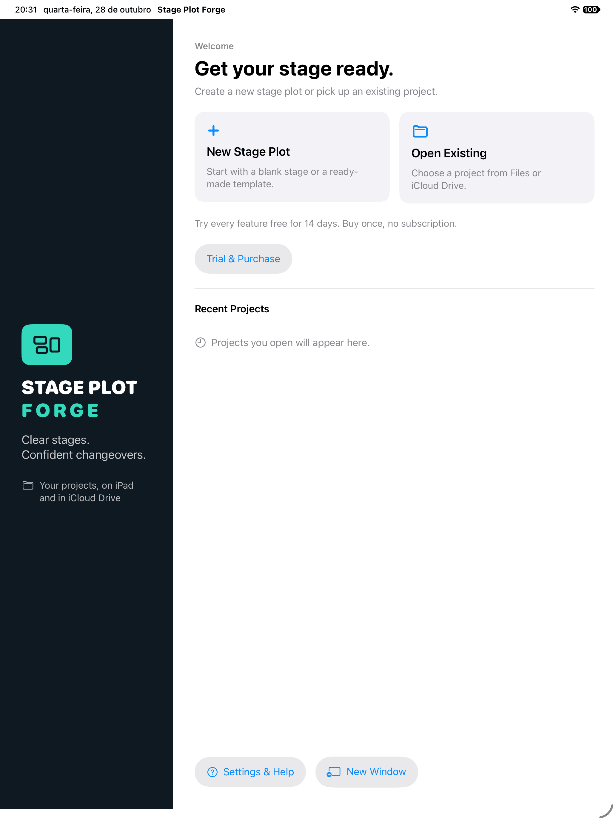iPad Welcome screen with choices to create a stage plot, open a project and access recent projects